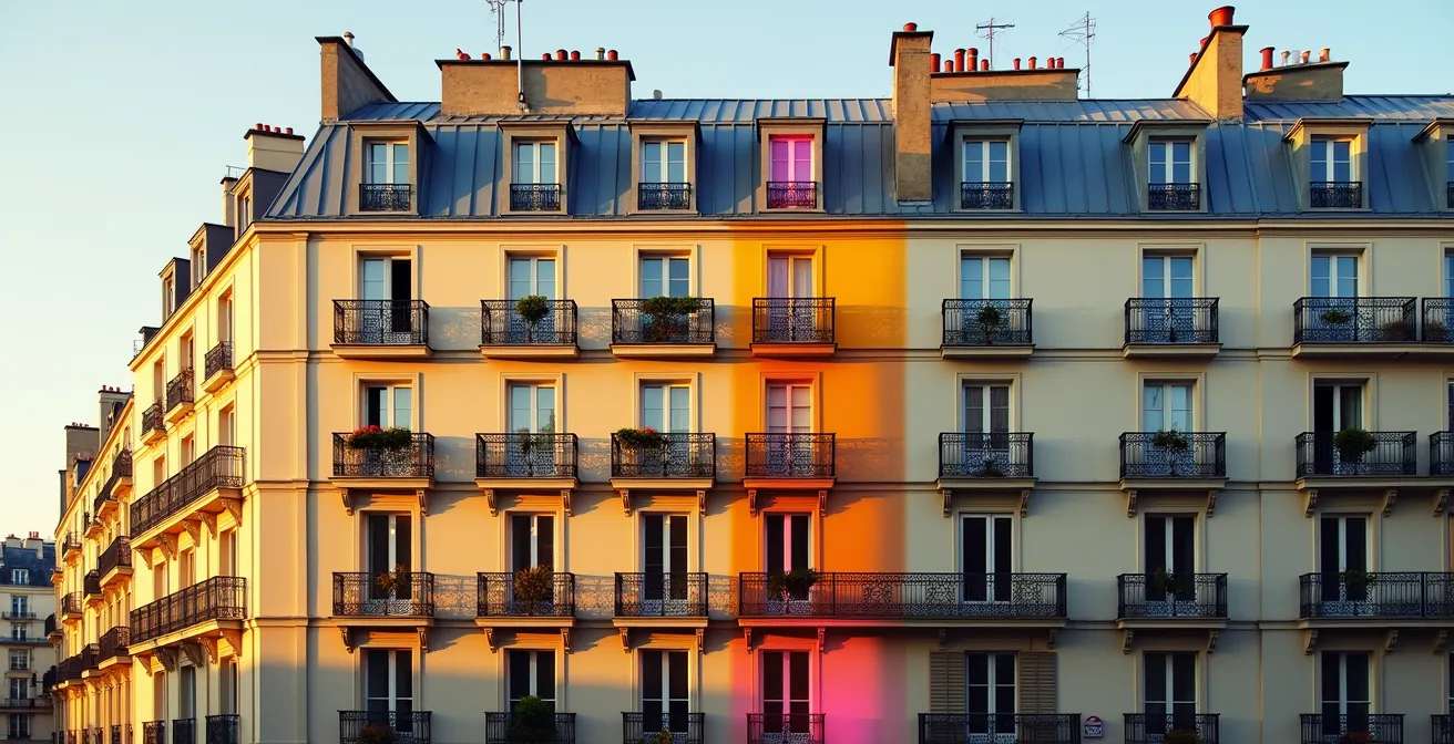 Vue comparative d'appartements à différents étages avec des balcons dans un immeuble parisien, illustrant la hiérarchie de valeur.