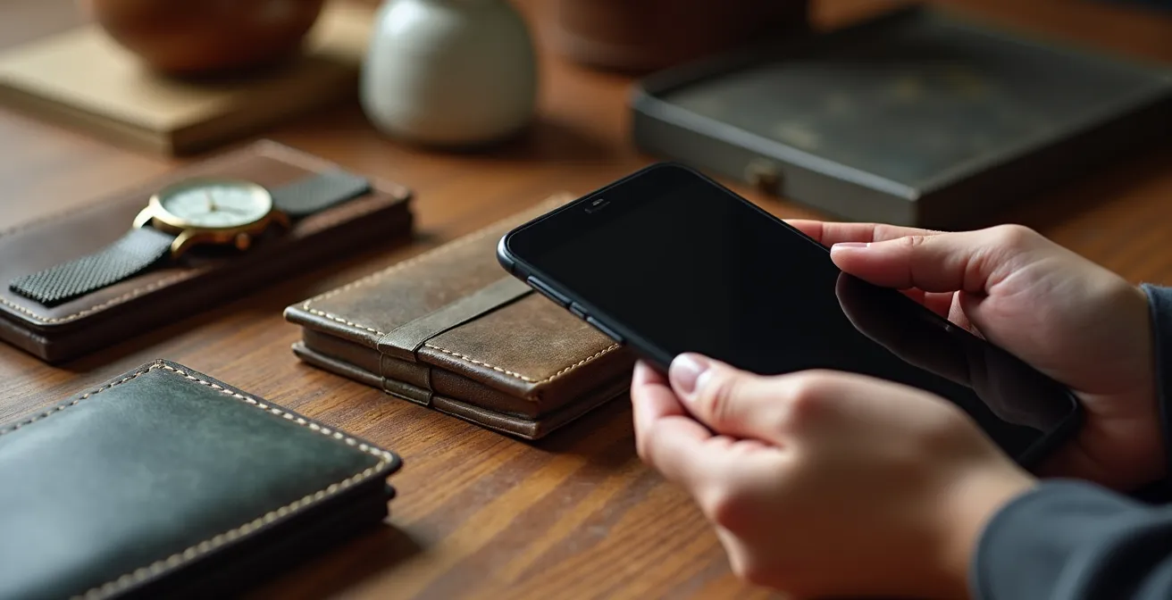 Table avec objets de valeur photographiés et documentés pour inventaire d'assurance habitation