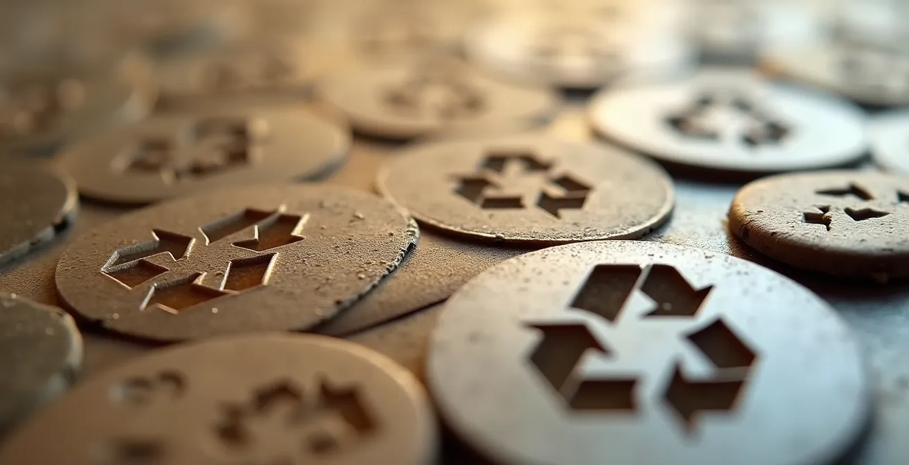 Gros plan macro sur différents logos de recyclage imprimés sur des emballages variés