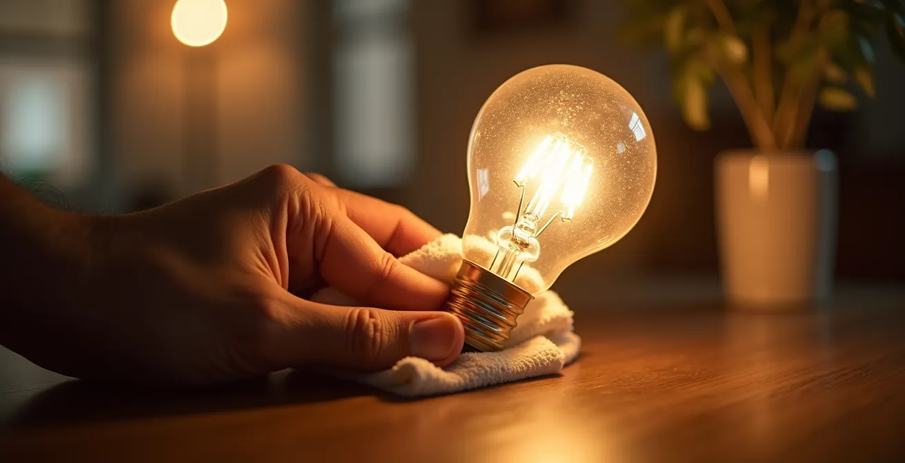 Main nettoyant délicatement une ampoule avec un chiffon microfibre