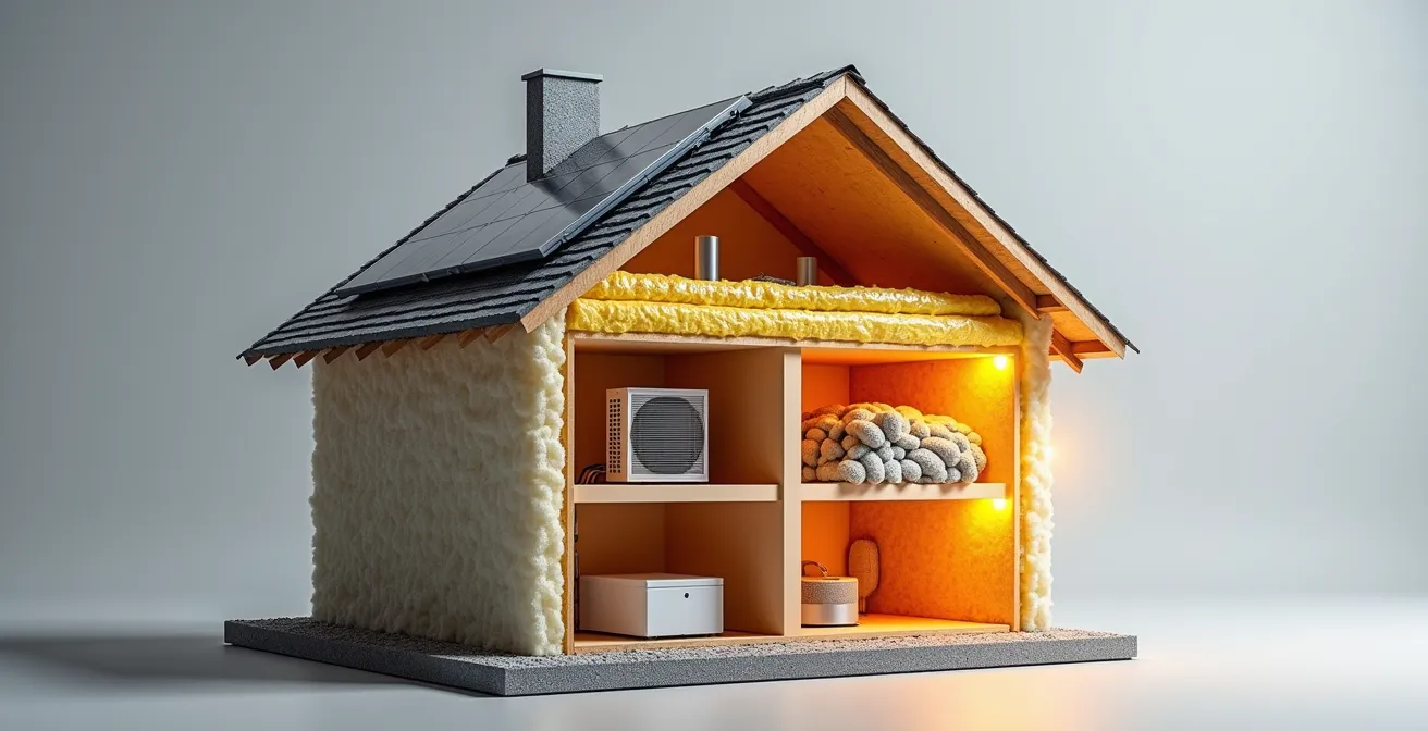 Vue schématique d'une maison montrant les trois étapes de rénovation énergétique : isolation de l'enveloppe, système de chauffage efficace, et énergies renouvelables.