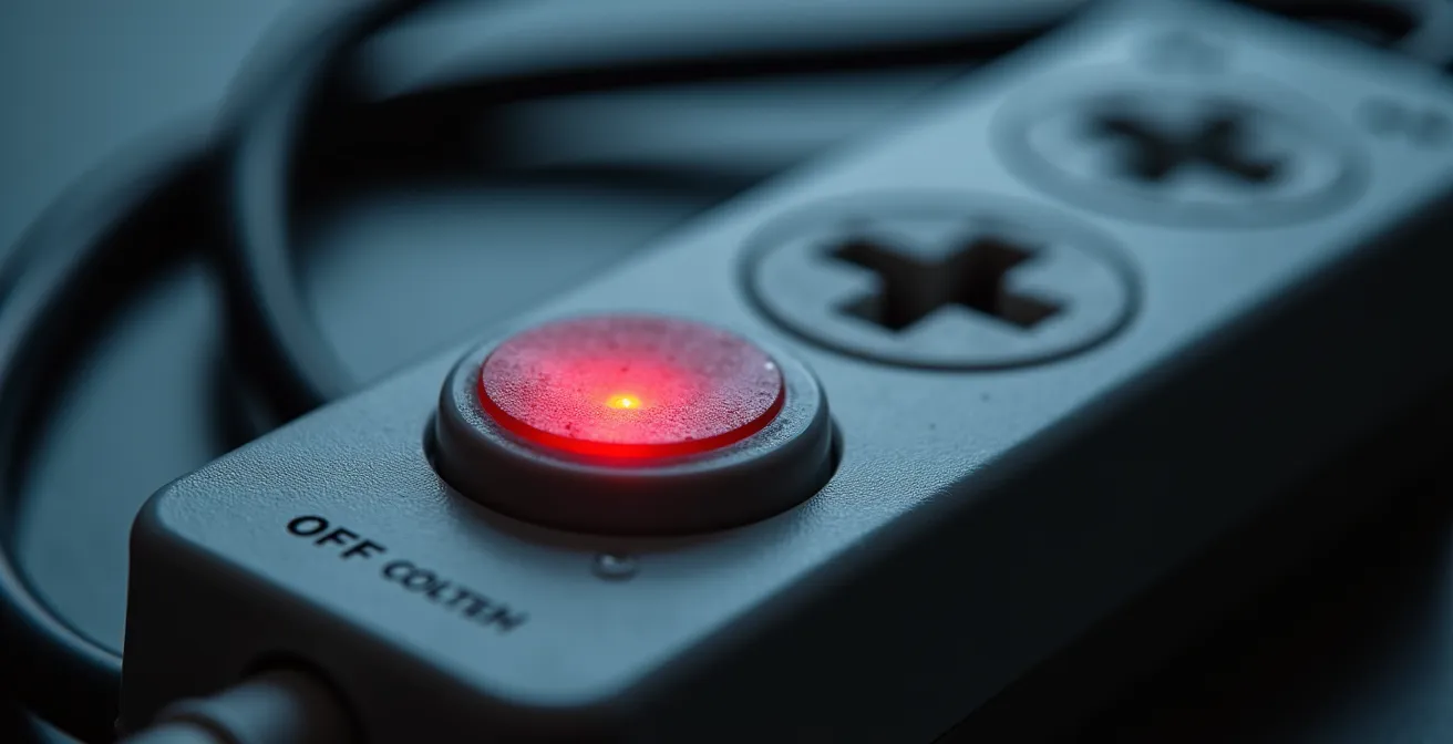 Multiprise avec interrupteur rouge éteint protégeant plusieurs appareils électroniques