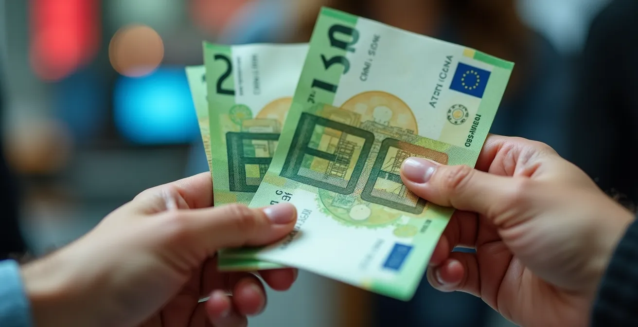 Vue macro d'une main tenant des billets d'euros près d'une caisse de supermarché, arrière-plan flou coloré