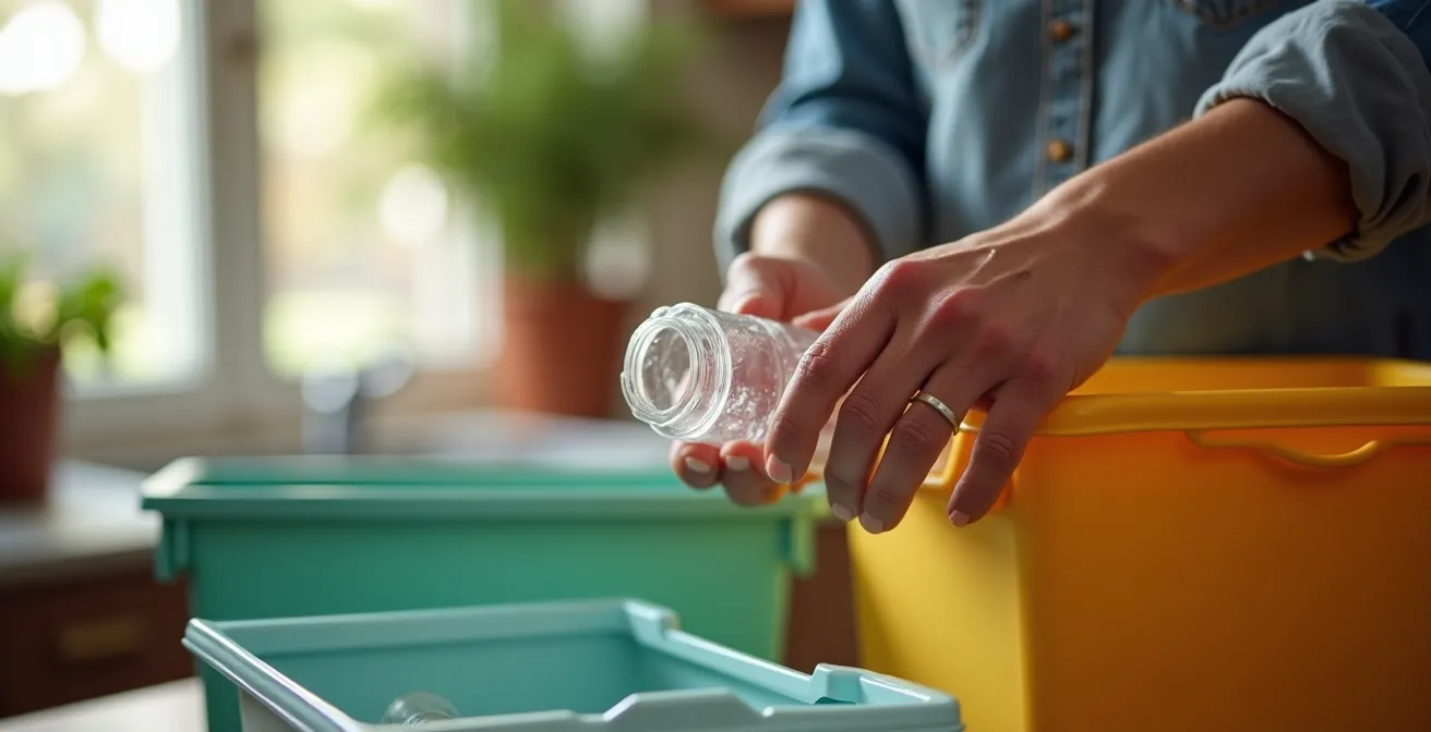Mains préparant des emballages pour le tri dans une cuisine lumineuse