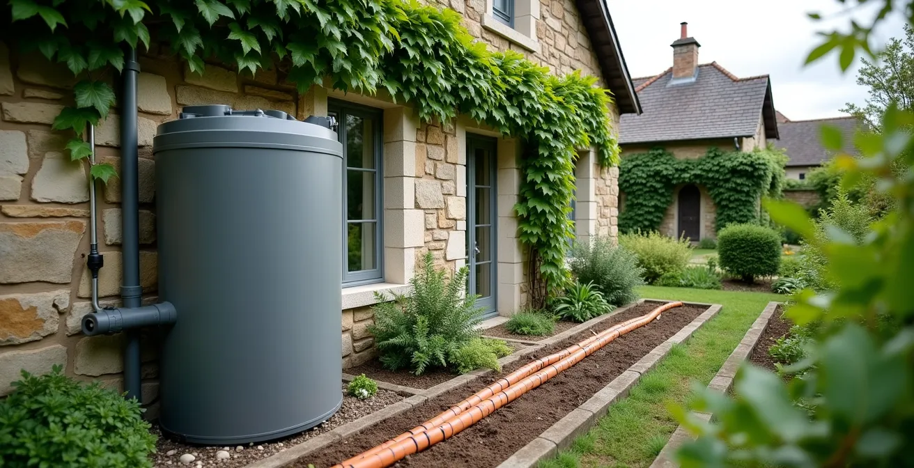 Installation d'un récupérateur d'eau de pluie dans un jardin français