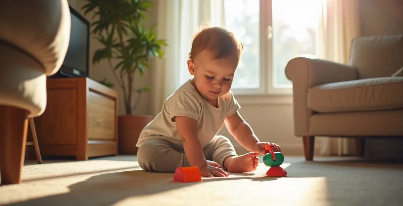 Enfant jouant en sécurité dans un salon aménagé avec protections adaptées
