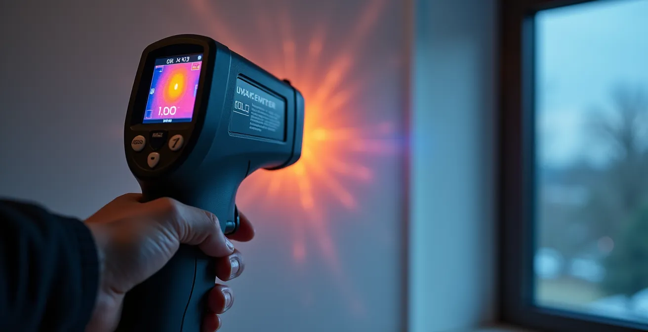 Thermomètre infrarouge mesurant la température d'un mur intérieur avec différences visibles