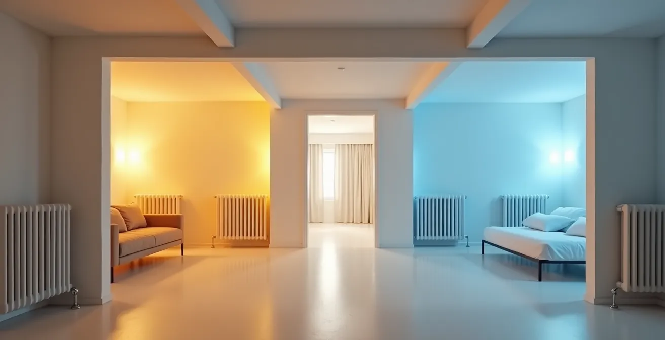 Vue d'ensemble minimaliste d'un intérieur avec zones de chaleur différenciées