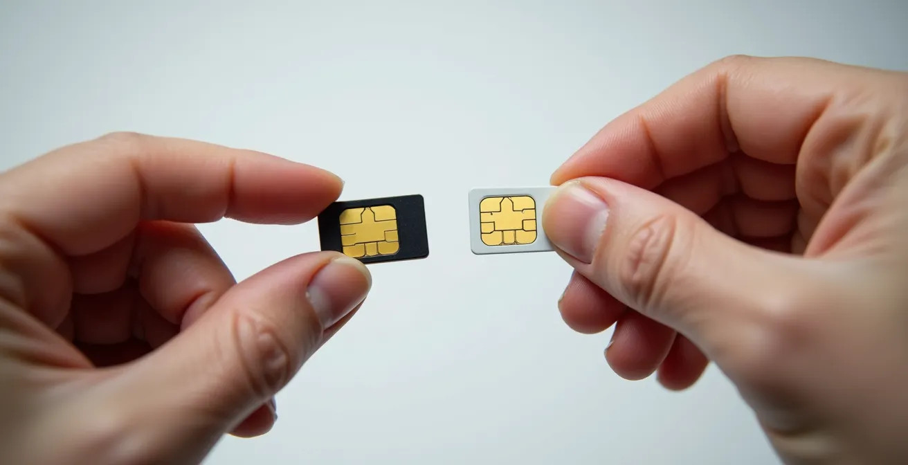 Mains échangeant des cartes SIM avec effet de continuité visuelle