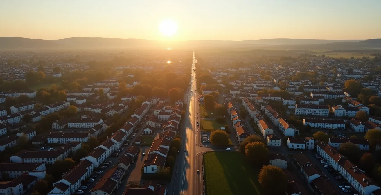 Vue aérienne d'une ville française moyenne avec espaces verts