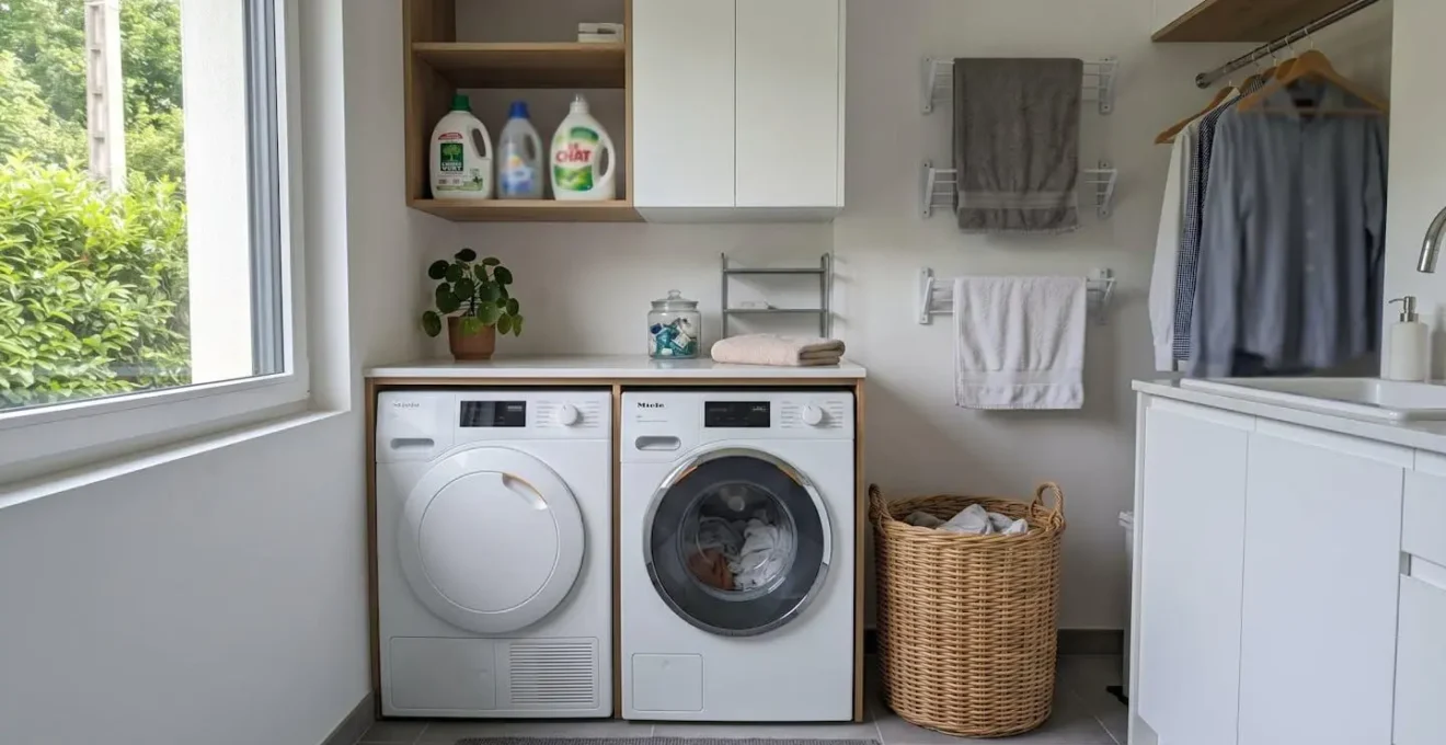 Buanderie contemporaine lumineuse avec un lave-linge à hublot blanc installé, panier à linge propre posé à côté, ambiance organisée et fonctionnelle