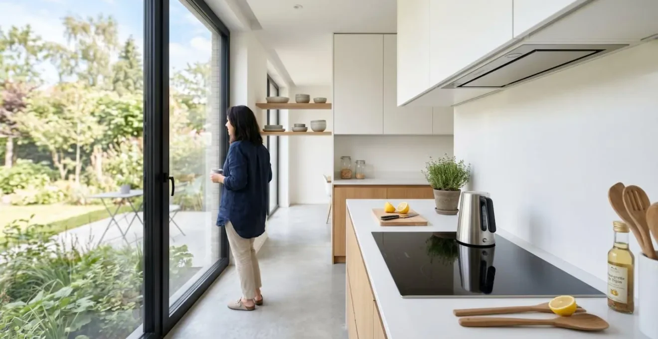 Cuisine contemporaine lumineuse avec plan de travail en quartz blanc et plaque à induction noire encastrée