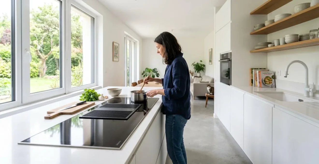 Cuisine contemporaine lumineuse avec plan de travail en quartz blanc et plaque à induction noire encastrée