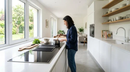 Cuisine contemporaine lumineuse avec plan de travail en quartz blanc et plaque à induction noire encastrée