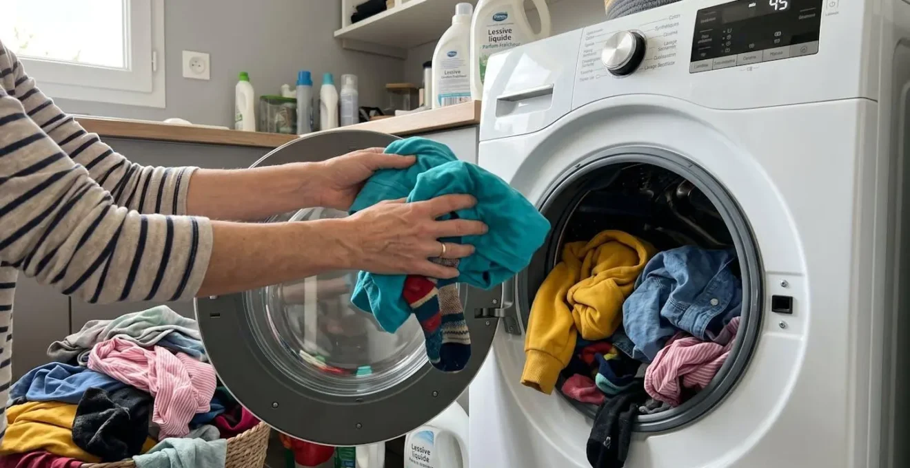 Mains féminines en train de charger du linge coloré dans le tambour d'un lave-linge à hublot, vue rapprochée en angle léger