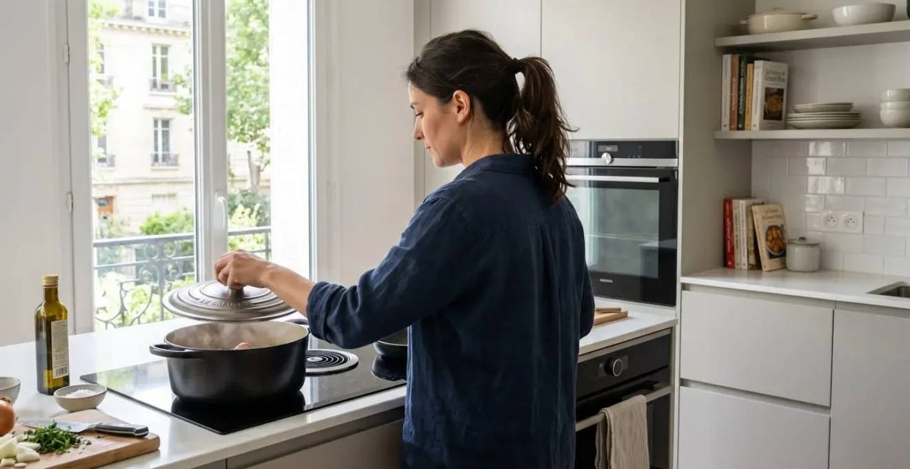 Vue de profil d'une personne posant un couvercle en verre sur une casserole pendant la cuisson dans une cuisine moderne
