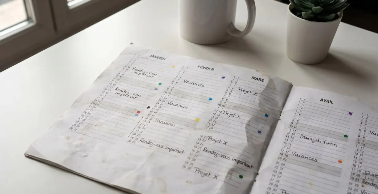 Calendrier annuel avec annotations sur périodes clés posé sur bureau moderne blanc sous lumière naturelle
